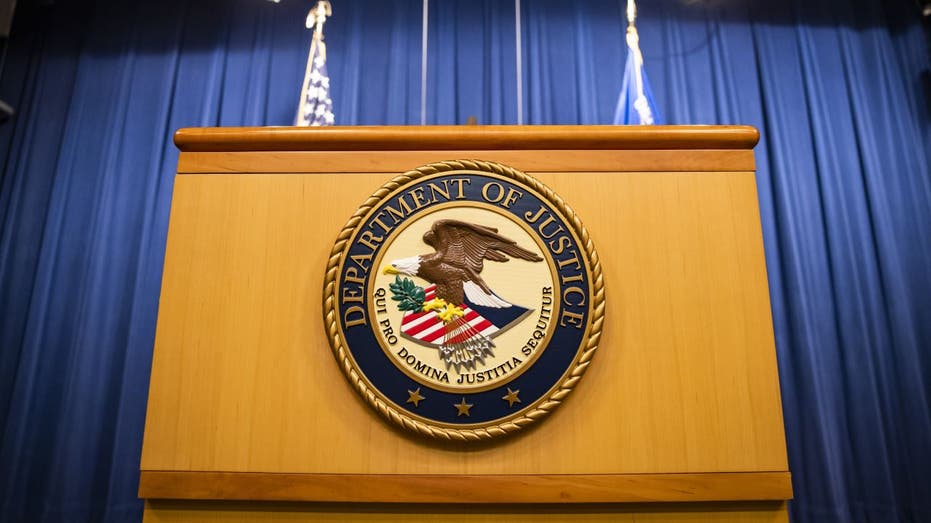 Justice Department seal on podium