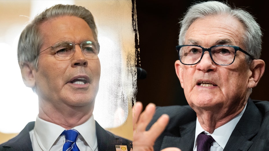 Scott Bessent and Jerome Powell split photo