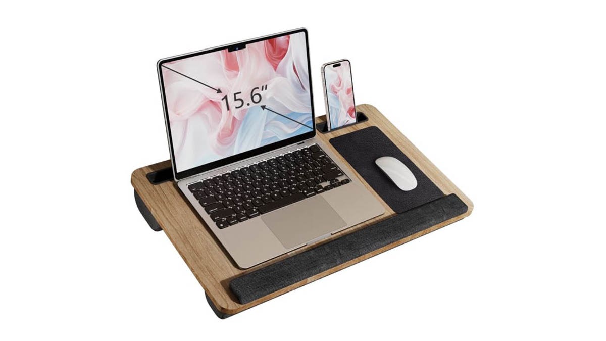 This laptop desk has a spot for your mouse and your phone. 